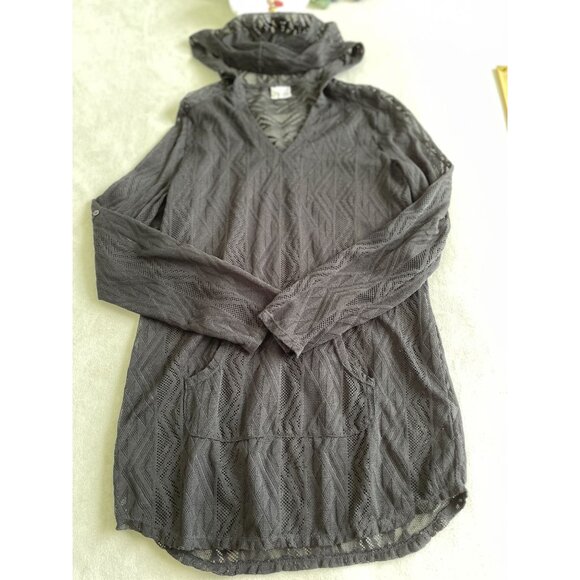 Sheer Hooded Lightweight Knit Tunic Pockets & Geometric Pattern  M Whimsigoth - Picture 2 of 11